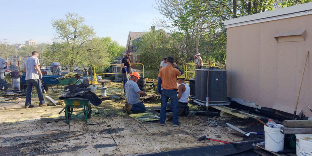 Roof repair work in progress